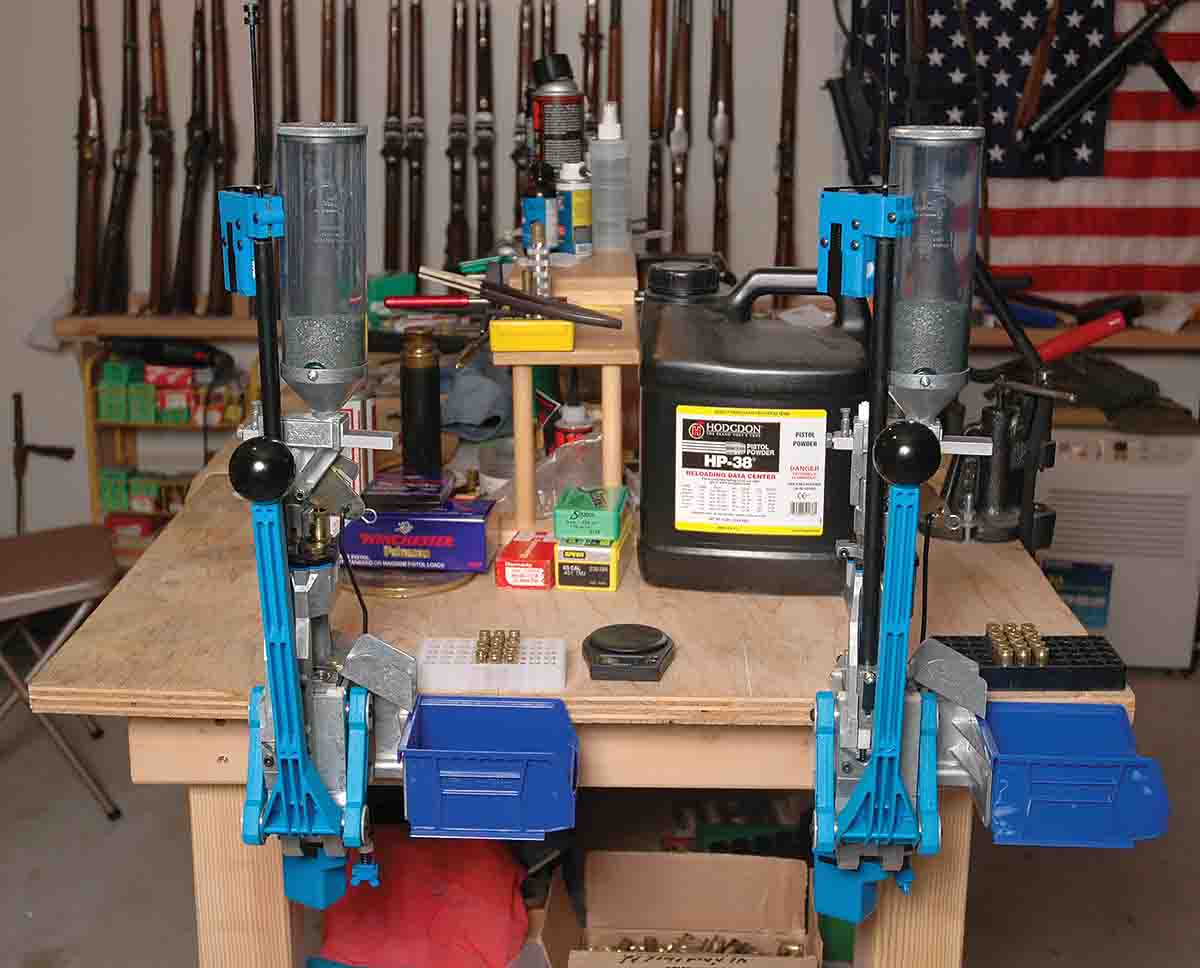 Two Dillon Square Deal presses – 9mm and .45 Auto – are set up for Mike’s “go-to” handloads, and they are never changed.